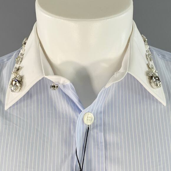 S Blue White Stripe Cotton Crystal Embellishment One Pocket Long Sleeve Shirt - Picture 2 of 10